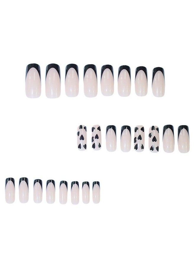 HJKDSFD 24Pcs Black French Tip Press on Nails Valentines Short Square Fake Nails Black Hearts Stick on Nail Nude Glossy Glue on Nails Cute Natural Acrylic Artificial Nail for Women Manicure - Image 3